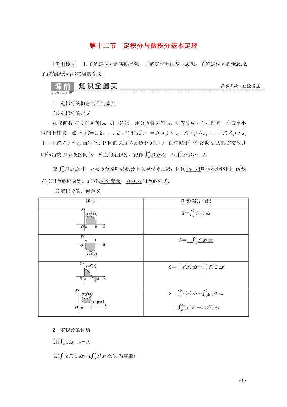 2020版高考数学一轮复习 第2章 函数、导数及其应用 第12节 定积分与微积分基本定理教学案 理（含解析）北师大版_第1页