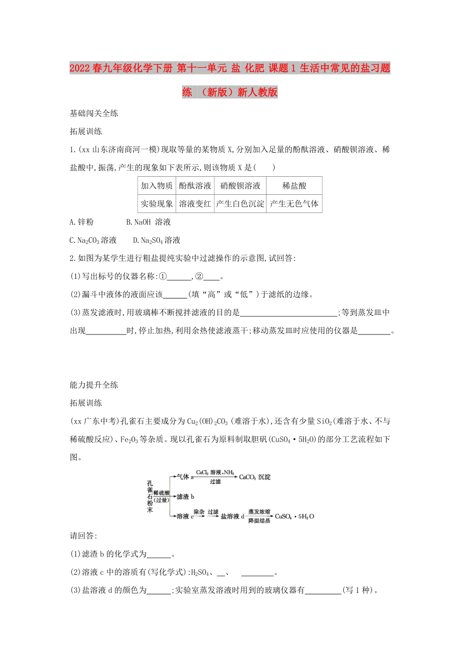 2022春九年級(jí)化學(xué)下冊(cè) 第十一單元 鹽 化肥 課題1 生活中常見(jiàn)的鹽習(xí)題練 （新版）新人教版_第1頁(yè)