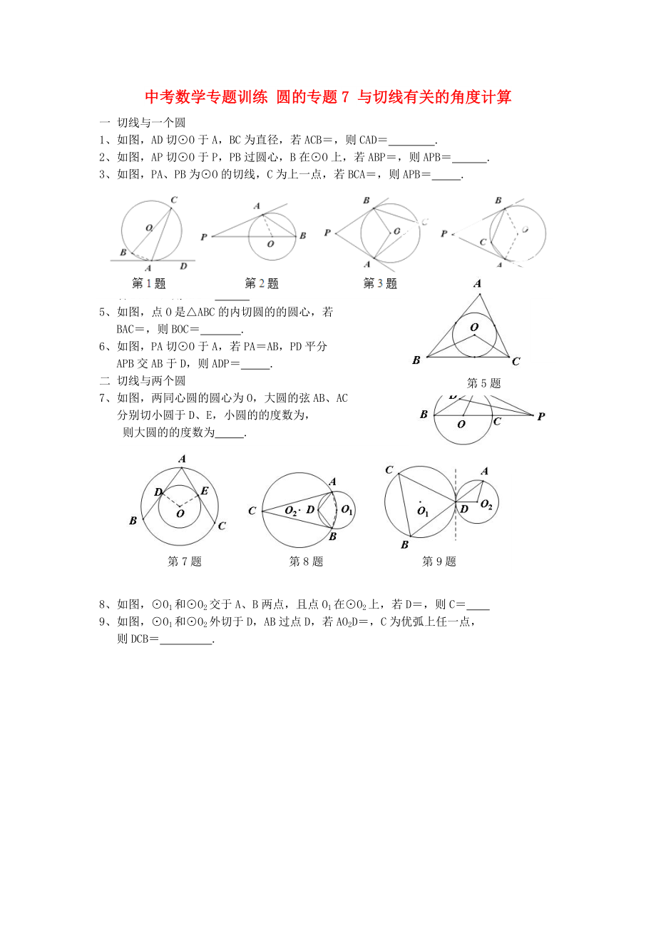 中考數(shù)學(xué)專題訓(xùn)練 圓的專題7 與切線有關(guān)的角度計(jì)算_第1頁