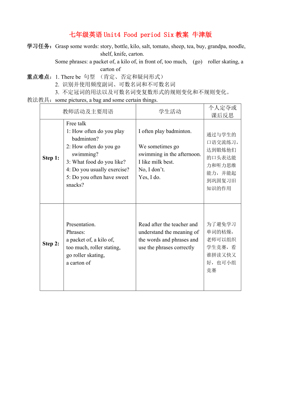 七年級英語Unit4 Food period Six教案 牛津版_第1頁