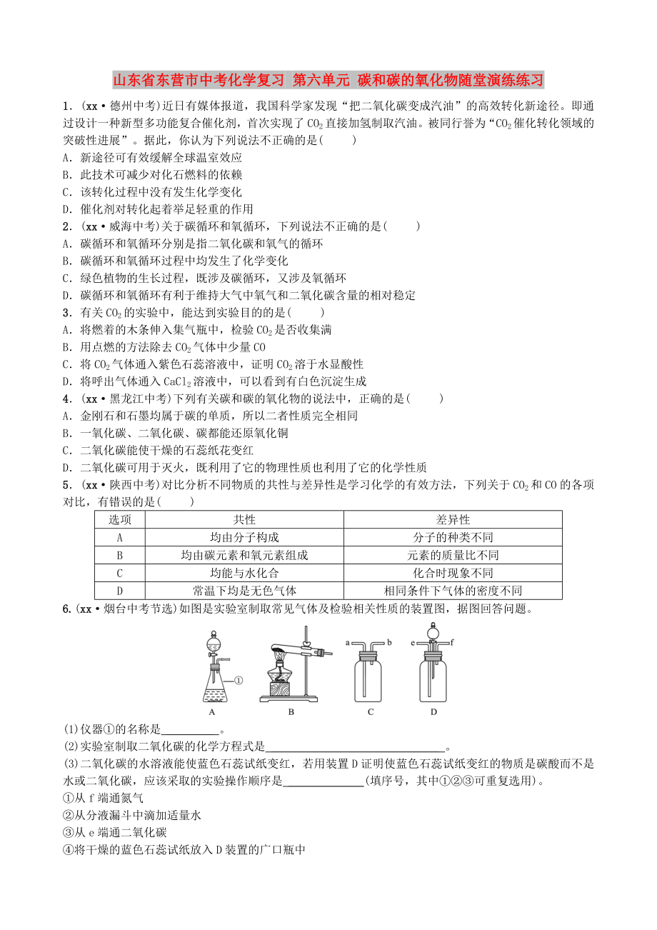 山東省東營市中考化學(xué)復(fù)習(xí) 第六單元 碳和碳的氧化物隨堂演練練習(xí)_第1頁