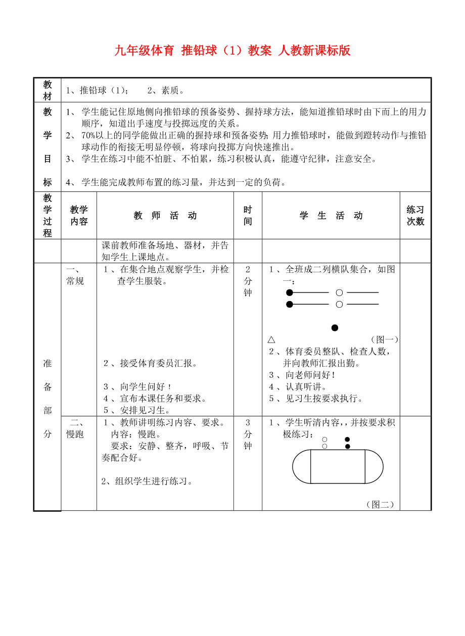 九年級(jí)體育 推鉛球（1）教案 人教新課標(biāo)版_第1頁(yè)