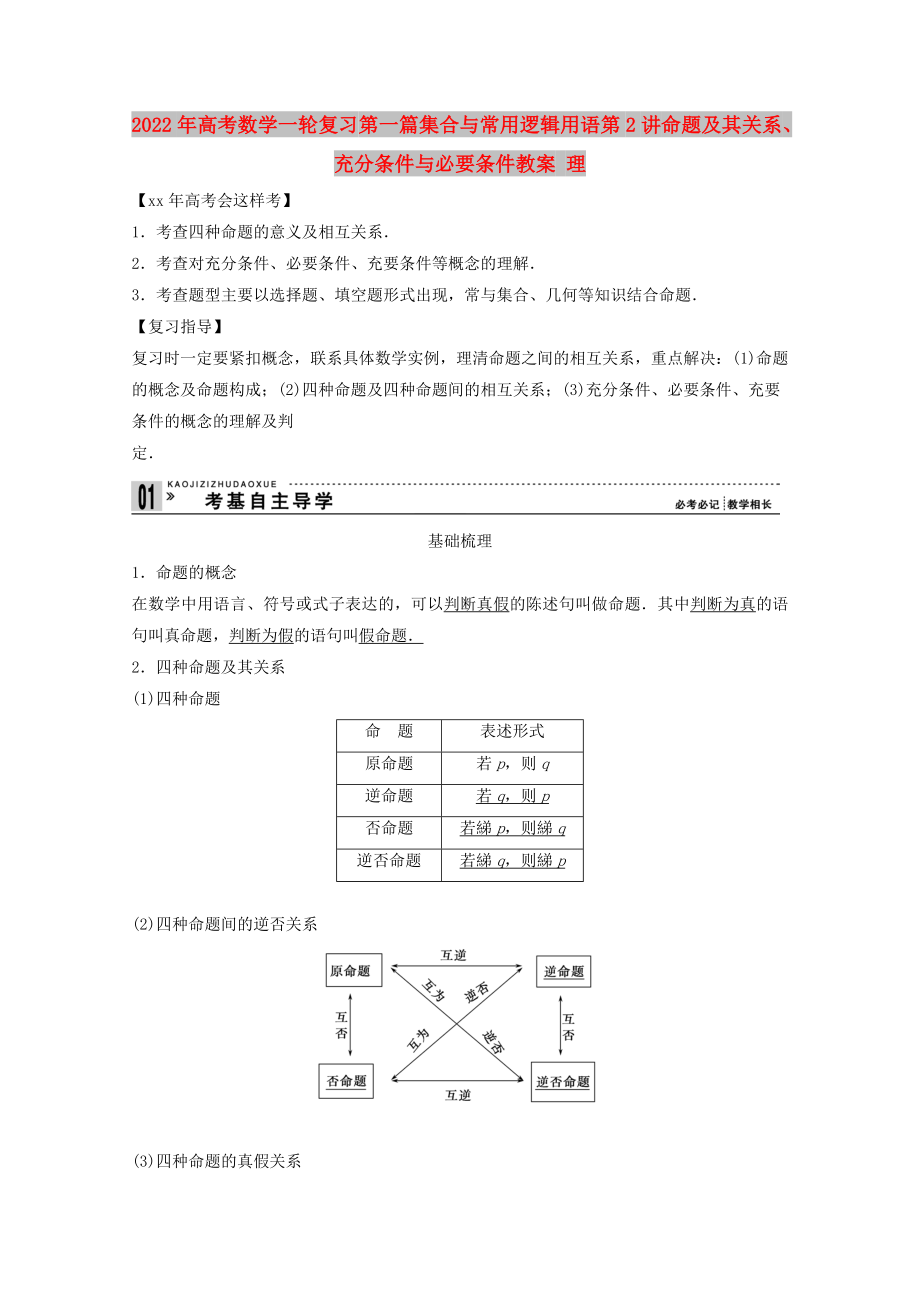 2022年高考數(shù)學(xué)一輪復(fù)習 第一篇集合與常用邏輯用語第2講 命題及其關(guān)系、充分條件與必要條件教案 理_第1頁