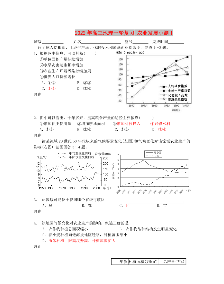 2022年高三地理一轮复习 农业发展小测1_第1页