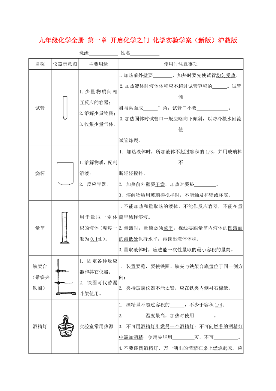 九年級化學(xué)全冊 第一章 開啟化學(xué)之門 化學(xué)實(shí)驗(yàn)學(xué)案（新版）滬教版_第1頁