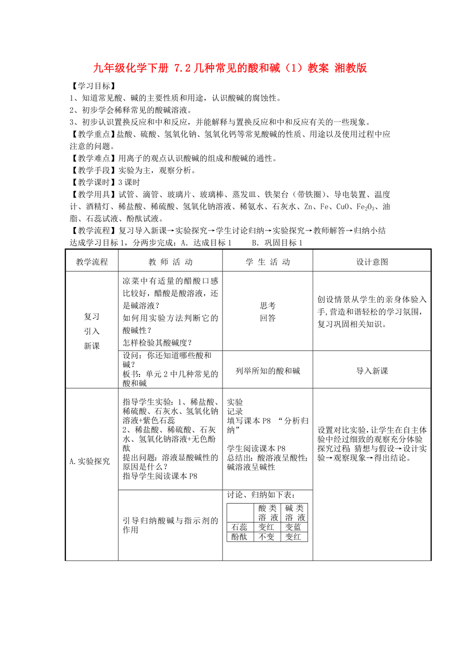 九年级化学下册 7.2几种常见的酸和碱（1）教案 湘教版_第1页