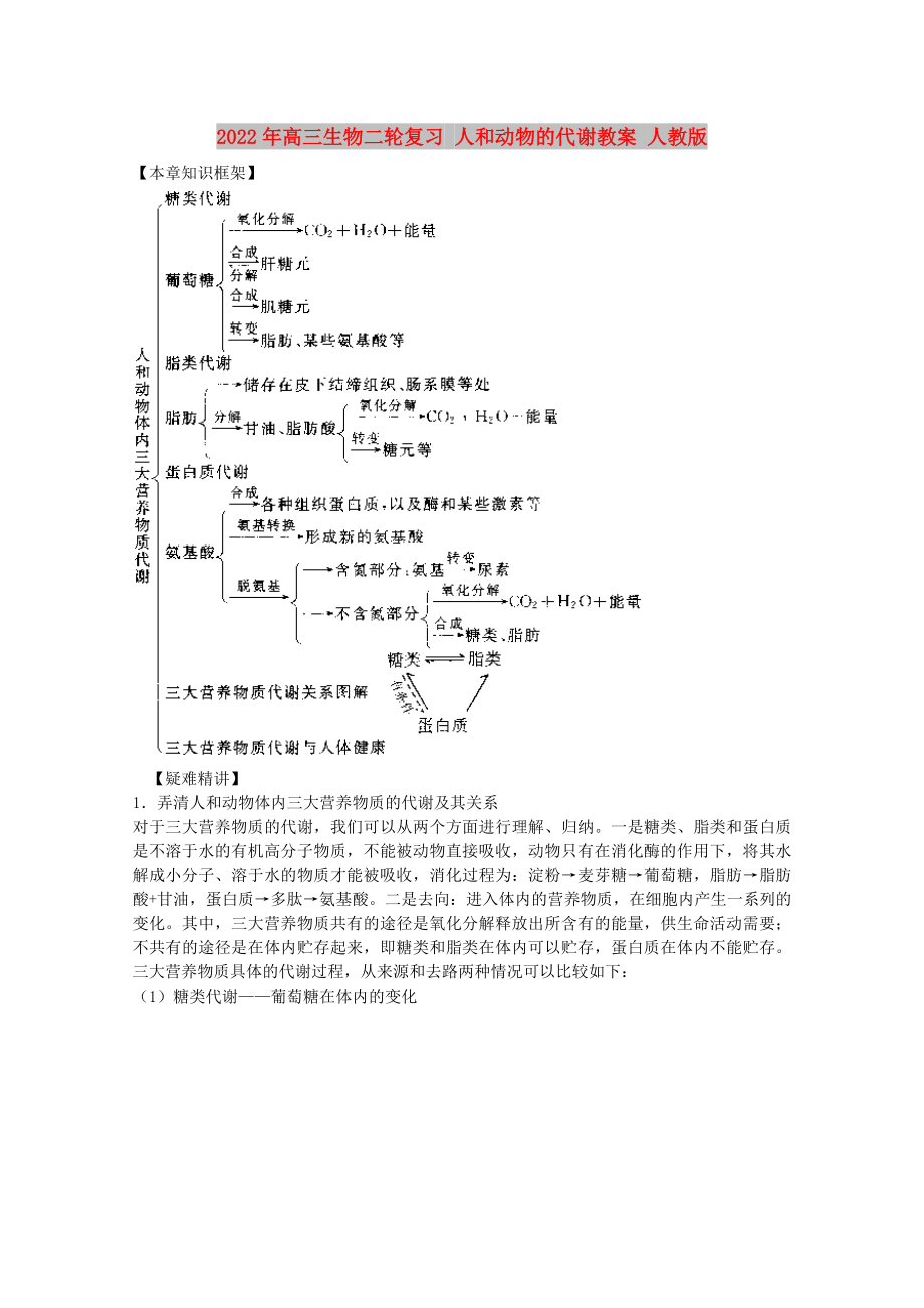 2022年高三生物二輪復(fù)習(xí) 人和動(dòng)物的代謝教案 人教版_第1頁(yè)