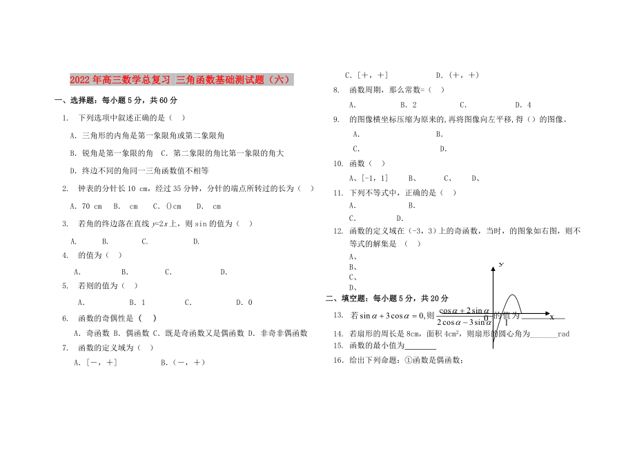 2022年高三數學總復習 三角函數基礎測試題（六）_第1頁