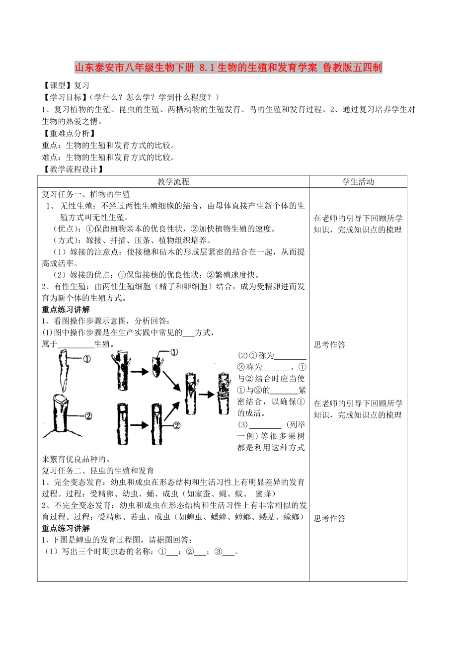 山東泰安市八年級(jí)生物下冊(cè) 8.1生物的生殖和發(fā)育學(xué)案 魯教版五四制_第1頁