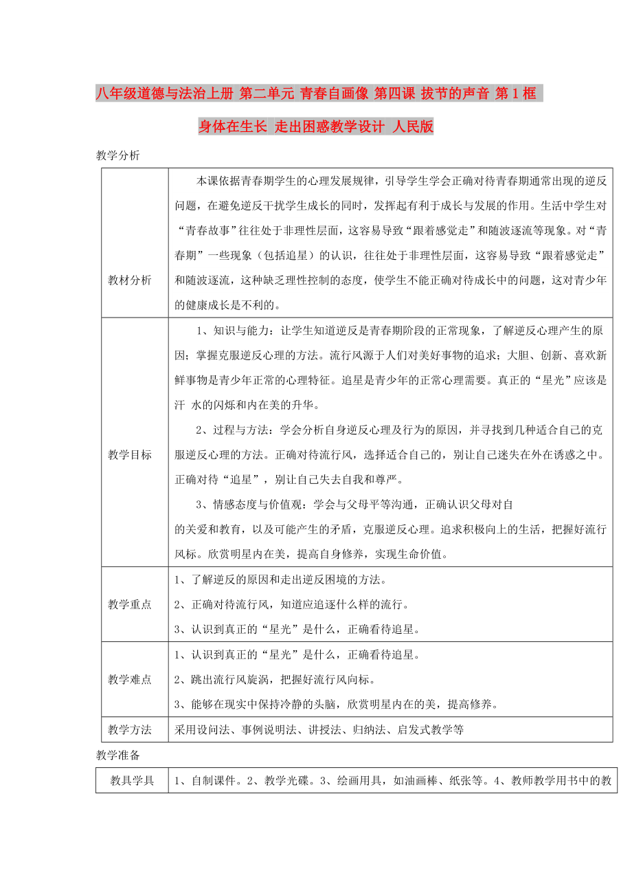 八年级道德与法治上册 第二单元 青春自画像 第四课 拔节的声音 第1框 身体在生长 走出困惑教学设计 人民版_第1页