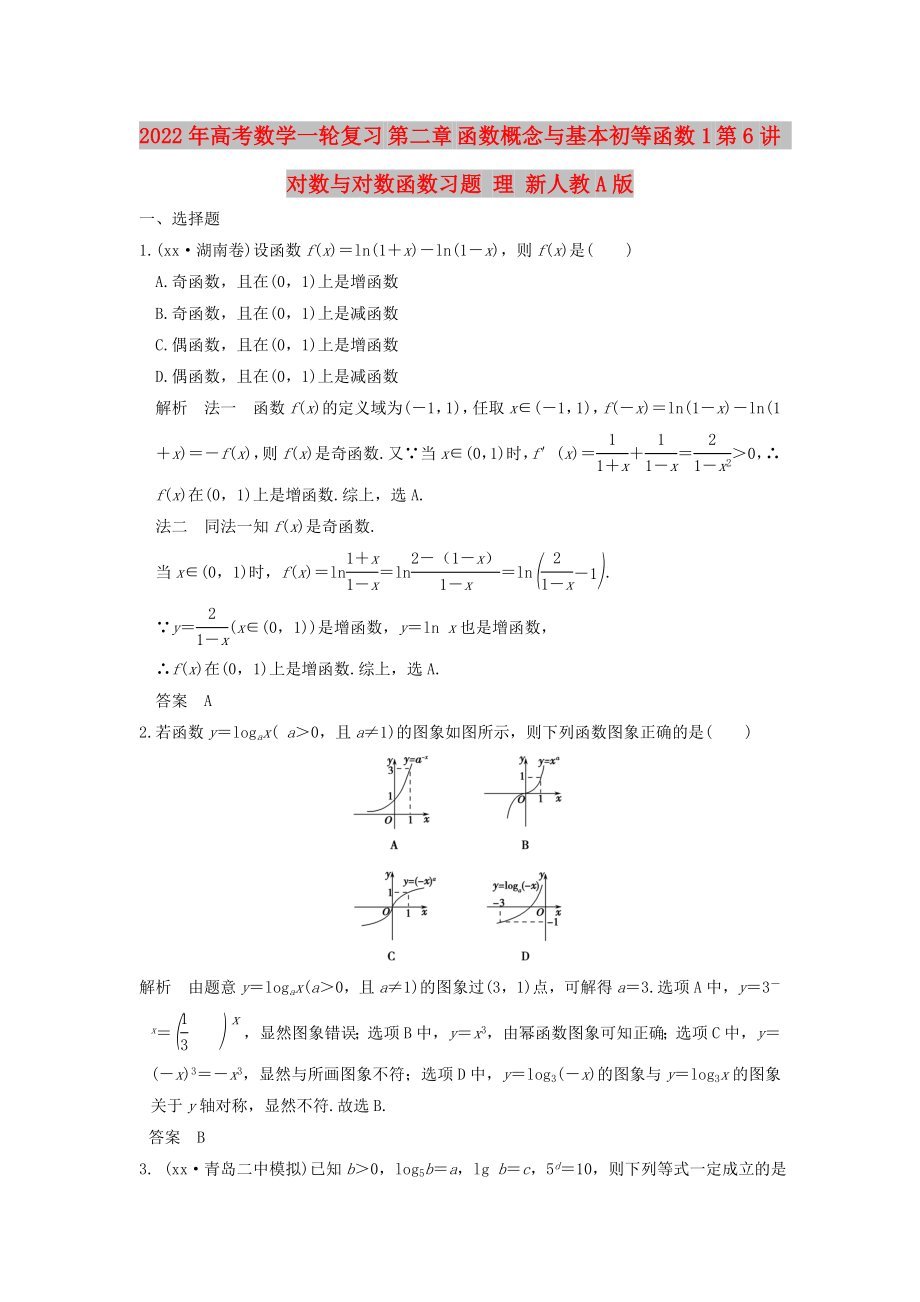 2022年高考数学一轮复习 第二章 函数概念与基本初等函数1 第6讲 对数与对数函数习题 理 新人教A版_第1页