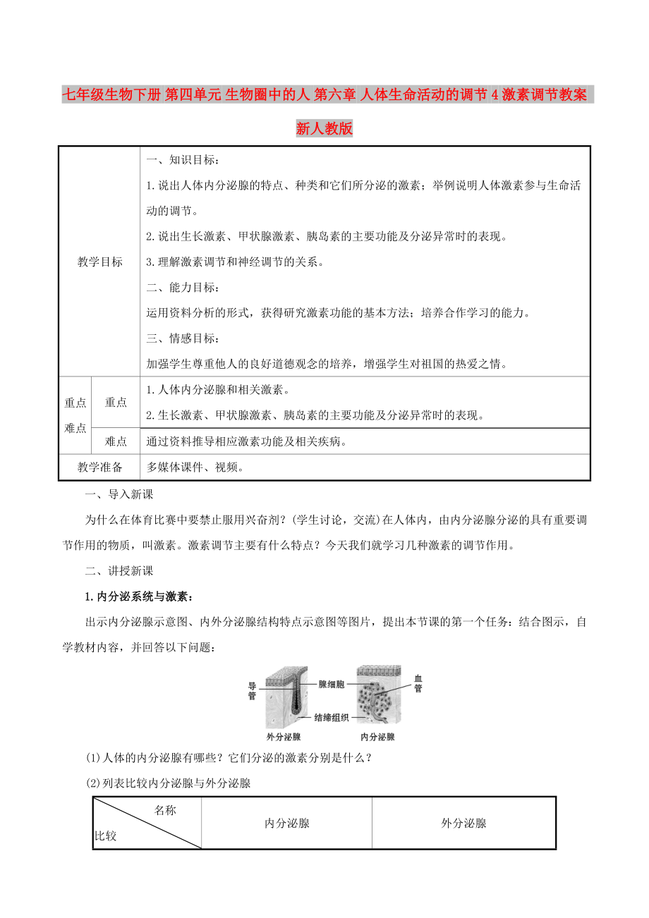 七年級(jí)生物下冊(cè) 第四單元 生物圈中的人 第六章 人體生命活動(dòng)的調(diào)節(jié) 4 激素調(diào)節(jié)教案 新人教版_第1頁(yè)