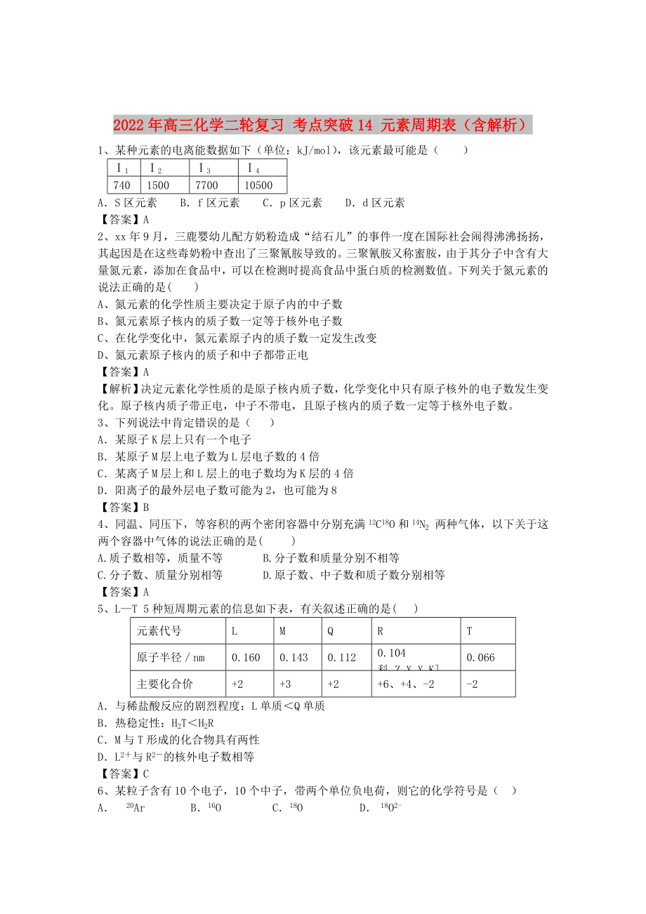 2022年高三化學(xué)二輪復(fù)習(xí) 考點(diǎn)突破14 元素周期表（含解析）_第1頁(yè)