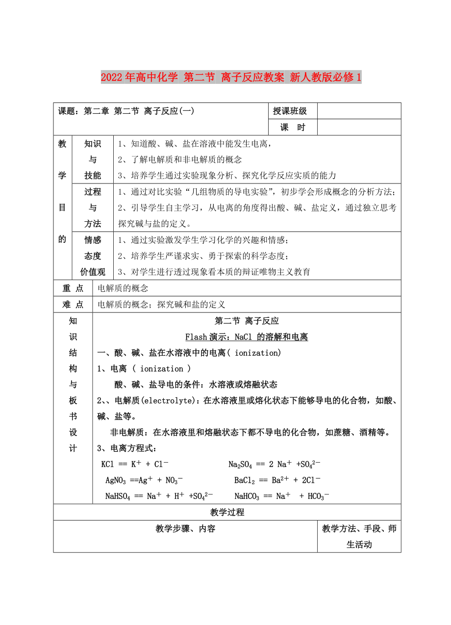 2022年高中化學(xué) 第二節(jié) 離子反應(yīng)教案 新人教版必修1_第1頁