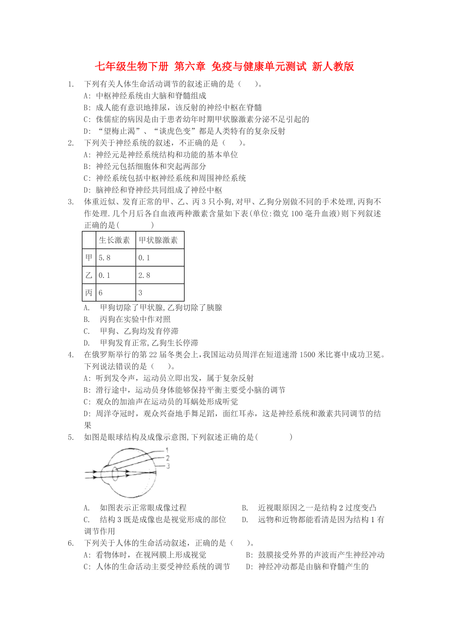 七年級(jí)生物下冊(cè) 第六章 免疫與健康單元測(cè)試 新人教版_第1頁(yè)