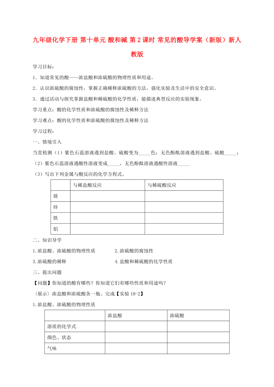九年级化学下册 第十单元 酸和碱 第2课时 常见的酸导学案（新版）新人教版_第1页