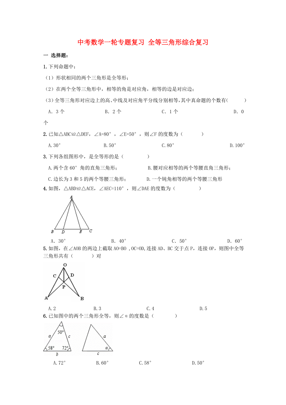 中考數(shù)學(xué)一輪專題復(fù)習(xí) 全等三角形綜合復(fù)習(xí)_第1頁(yè)