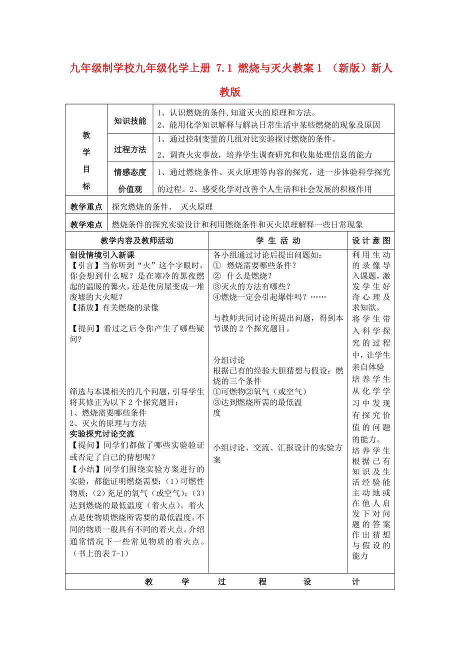 九年級制學校九年級化學上冊 7.1 燃燒與滅火教案1 （新版）新人教版_第1頁