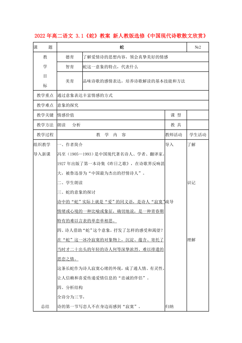 2022年高二語文 3.1《蛇》教案 新人教版選修《中國現代詩歌散文欣賞》_第1頁