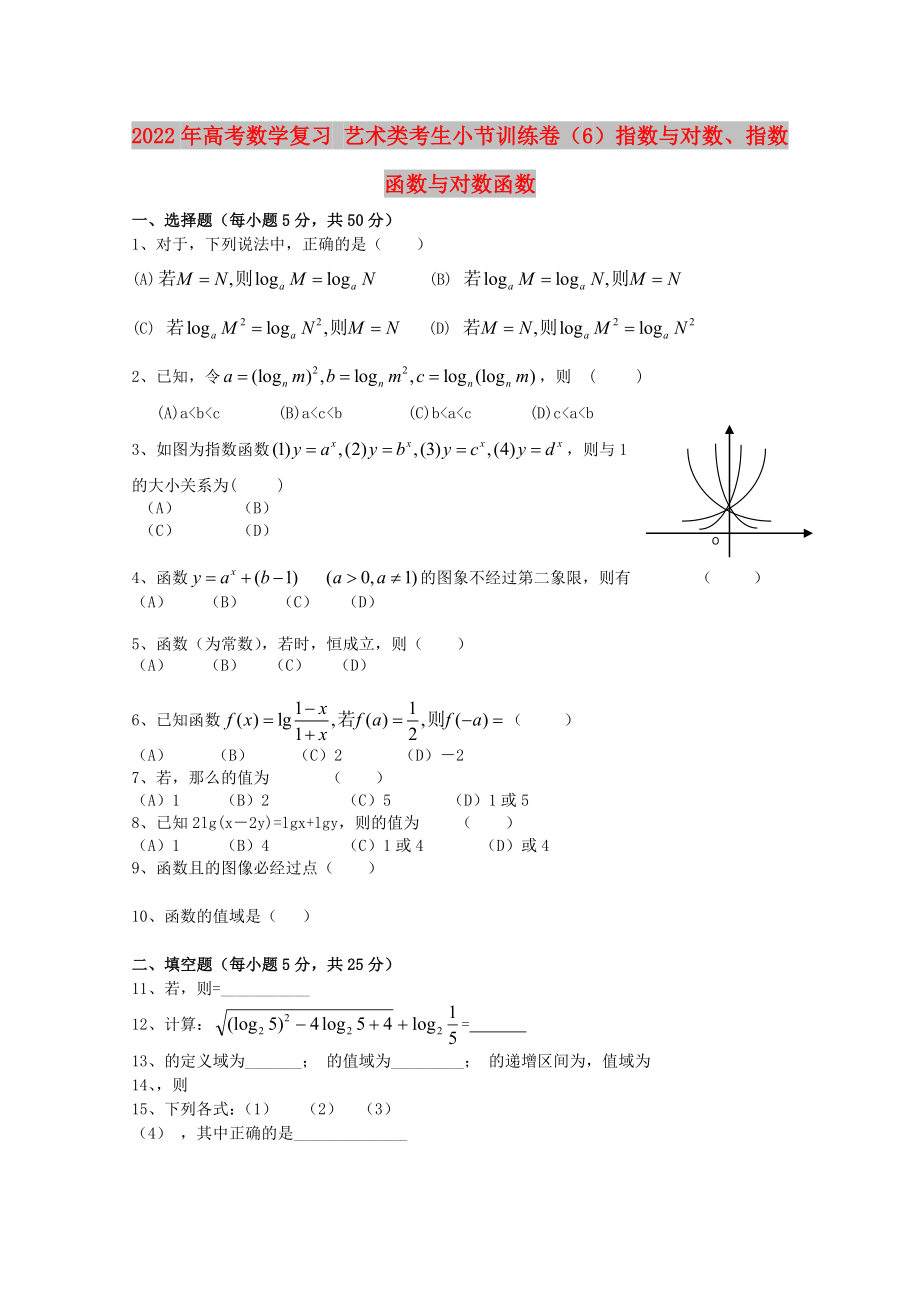 2022年高考數(shù)學(xué)復(fù)習(xí) 藝術(shù)類(lèi)考生小節(jié)訓(xùn)練卷（6）指數(shù)與對(duì)數(shù)、指數(shù)函數(shù)與對(duì)數(shù)函數(shù)_第1頁(yè)