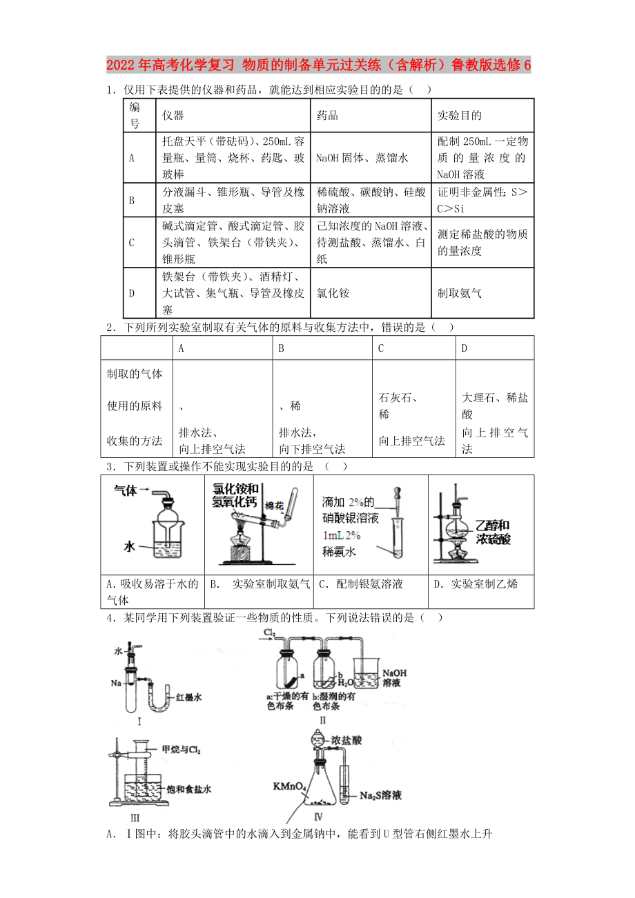 2022年高考化学复习 物质的制备单元过关练（含解析）鲁教版选修6_第1页