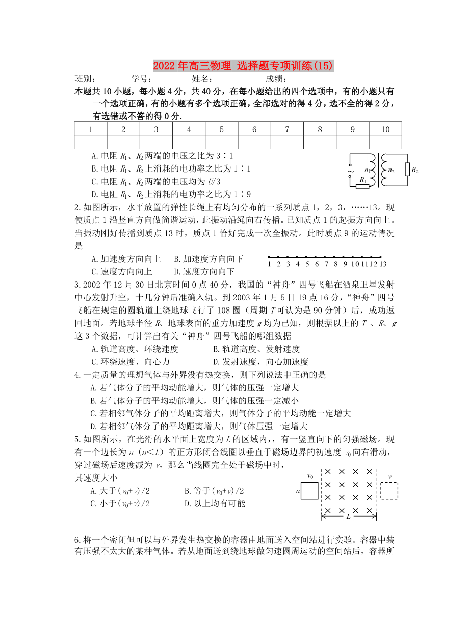 2022年高三物理 选择题专项训练(15)_第1页