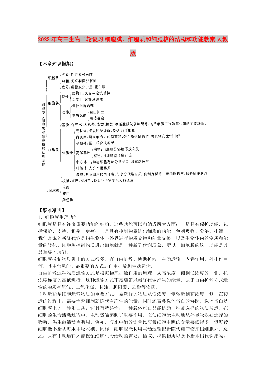 2022年高三生物二輪復(fù)習 細胞膜、細胞質(zhì)和細胞核的結(jié)構(gòu)和功能教案 人教版_第1頁