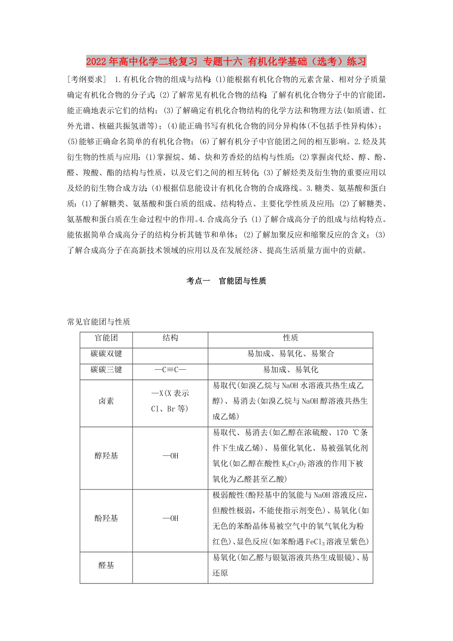 2022年高中化學(xué)二輪復(fù)習(xí) 專題十六 有機(jī)化學(xué)基礎(chǔ)（選考）練習(xí)_第1頁