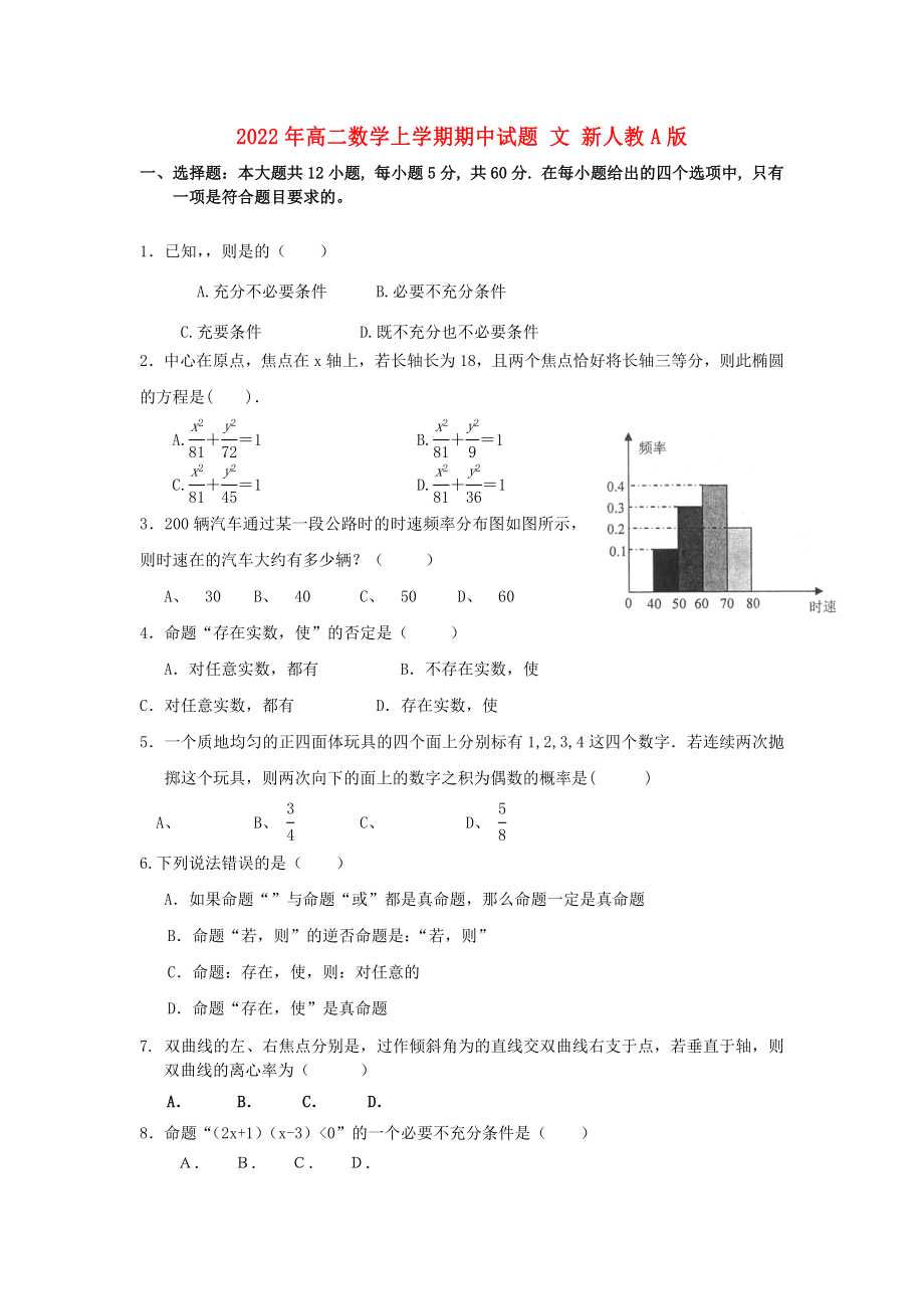 2022年高二數(shù)學(xué)上學(xué)期期中試題 文 新人教A版_第1頁