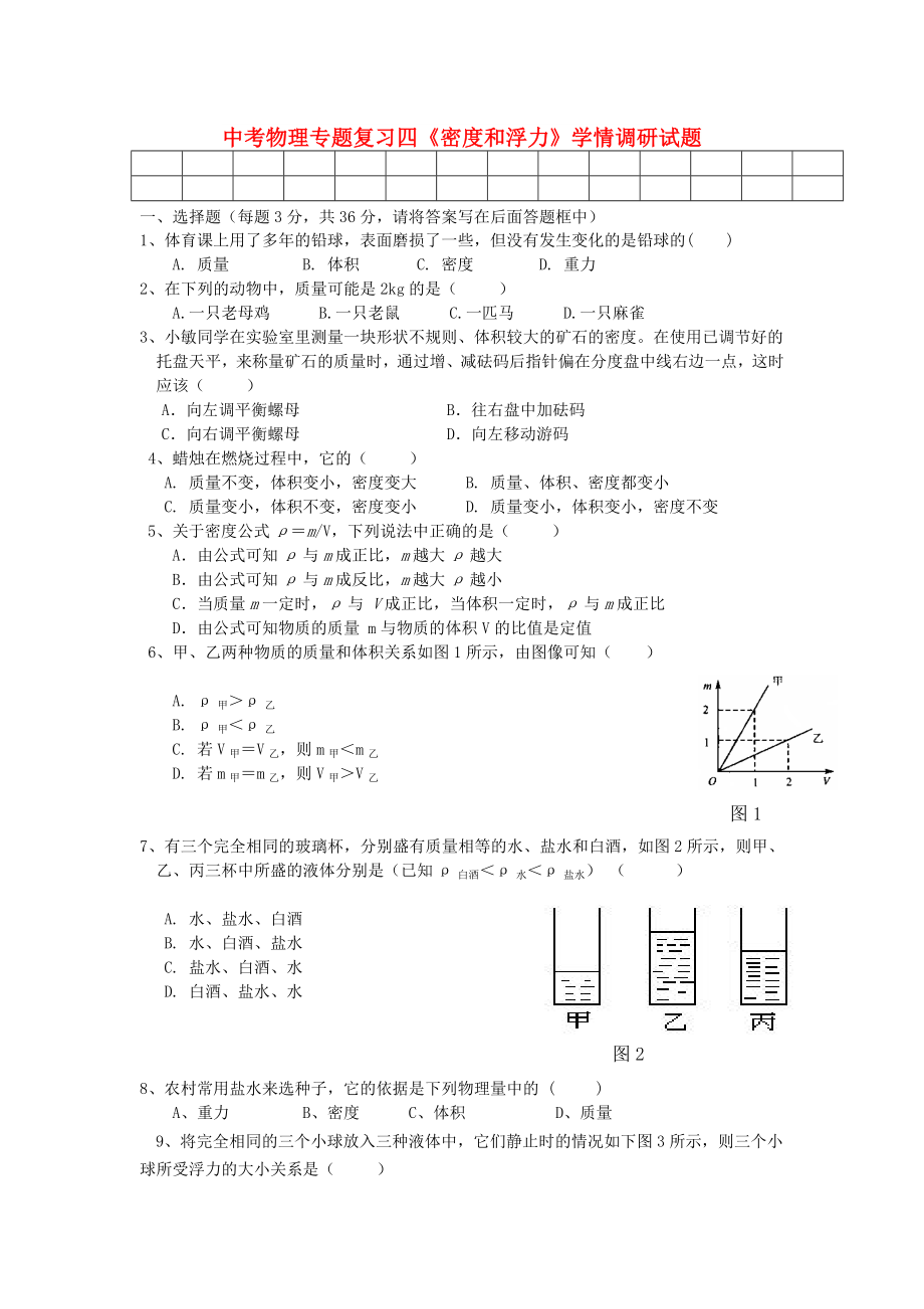 中考物理專題復(fù)習(xí)四《密度和浮力》學(xué)情調(diào)研試題_第1頁