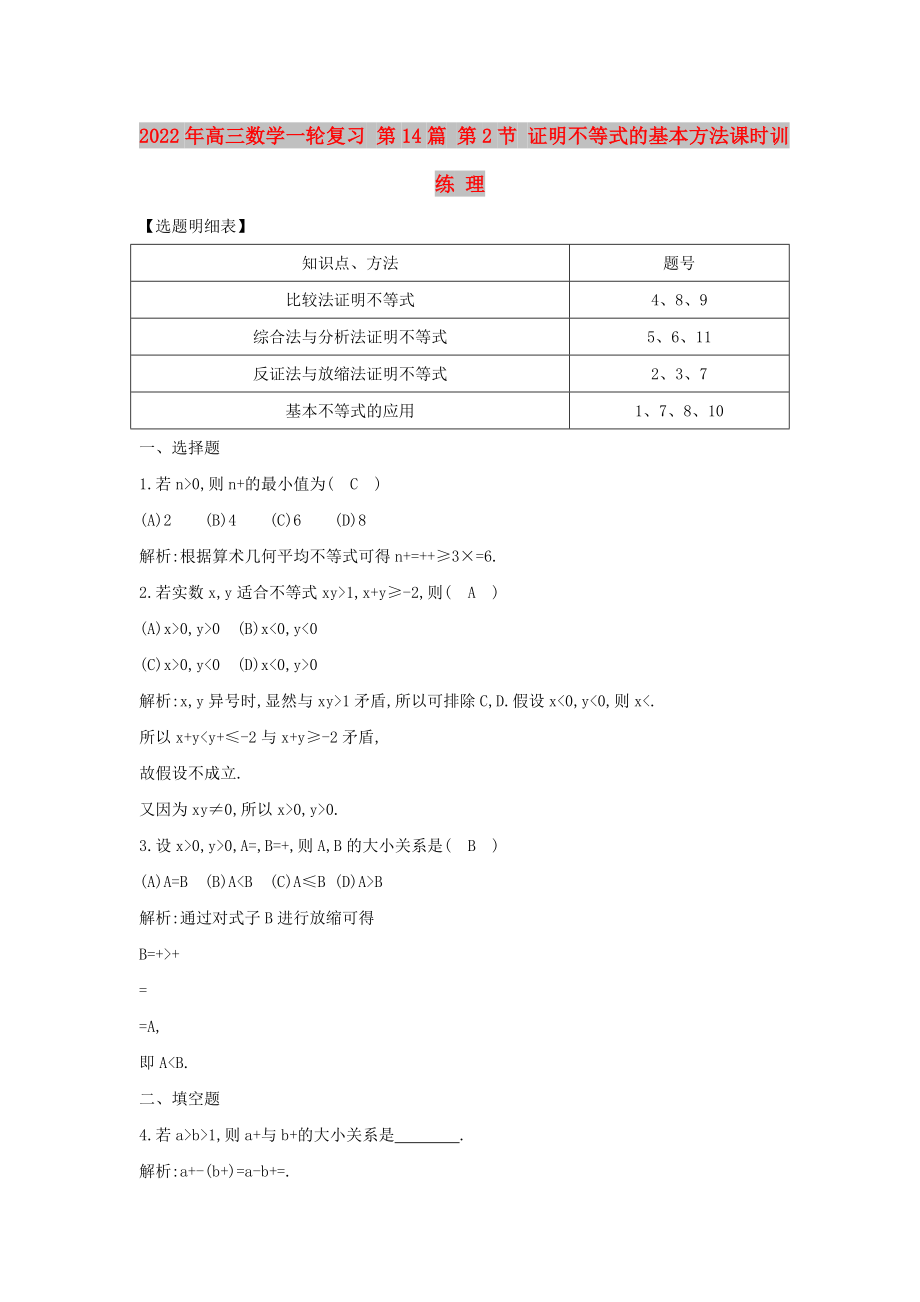 2022年高三數(shù)學(xué)一輪復(fù)習(xí) 第14篇 第2節(jié) 證明不等式的基本方法課時(shí)訓(xùn)練 理_第1頁(yè)