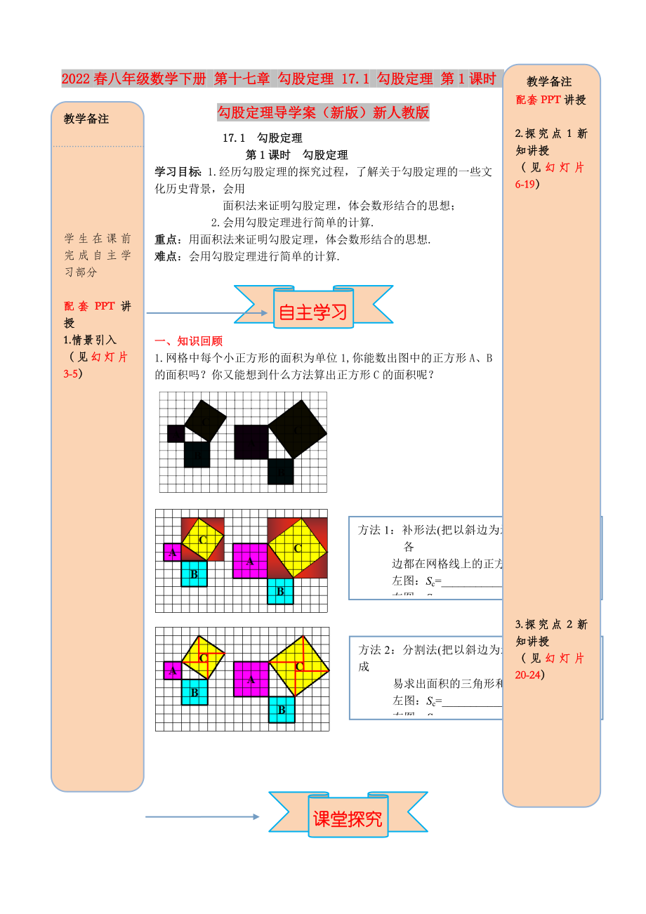 2022春八年級數(shù)學(xué)下冊 第十七章 勾股定理 17.1 勾股定理 第1課時 勾股定理導(dǎo)學(xué)案（新版）新人教版_第1頁