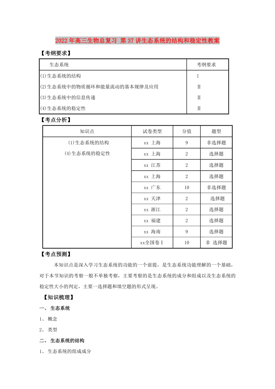 2022年高三生物总复习 第37讲生态系统的结构和稳定性教案_第1页