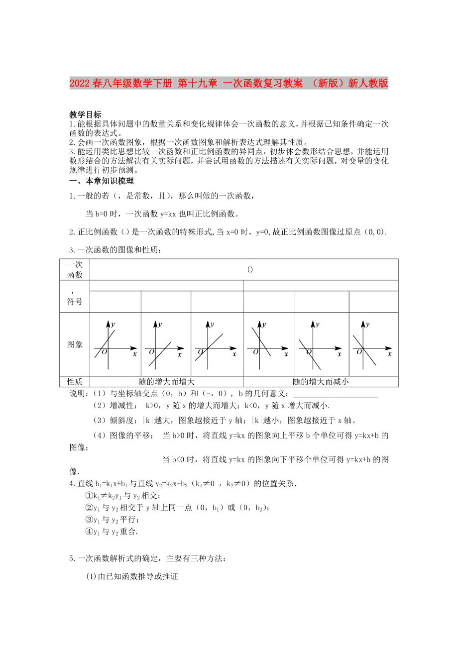 2022春八年級(jí)數(shù)學(xué)下冊(cè) 第十九章 一次函數(shù)復(fù)習(xí)教案 （新版）新人教版_第1頁(yè)