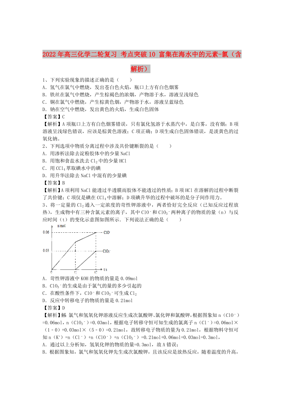 2022年高三化學(xué)二輪復(fù)習(xí) 考點突破10 富集在海水中的元素-氯（含解析）_第1頁