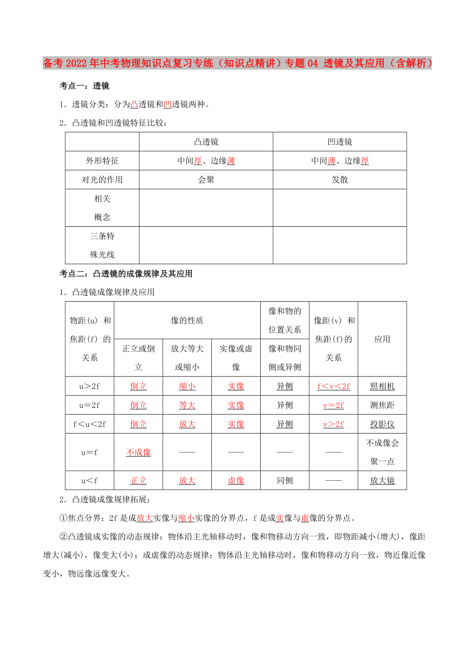 備考2022年中考物理知識點復習專練（知識點精講）專題04 透鏡及其應(yīng)用（含解析）_第1頁