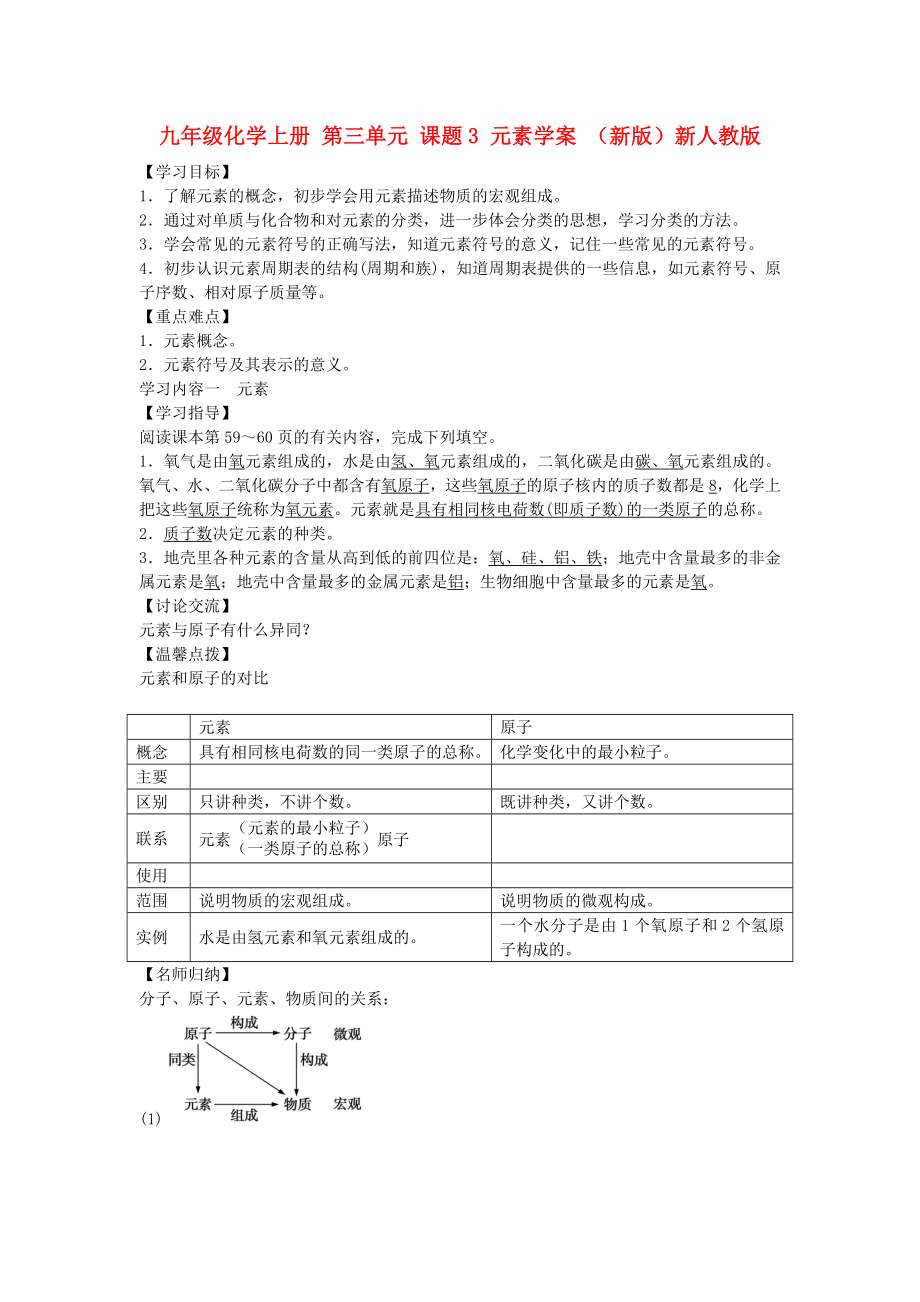 九年級(jí)化學(xué)上冊(cè) 第三單元 課題3 元素學(xué)案 （新版）新人教版_第1頁