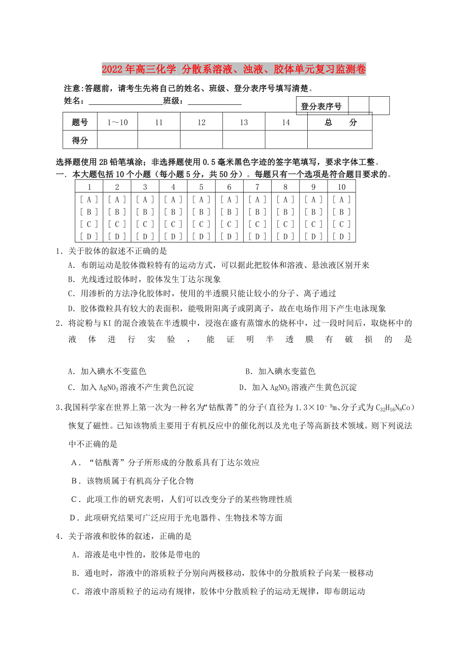 2022年高三化学 分散系溶液、浊液、胶体单元复习监测卷_第1页