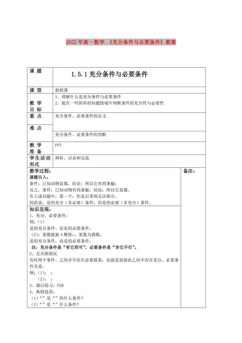 2022年高一數(shù)學(xué) 《充分條件與必要條件》教案_第1頁