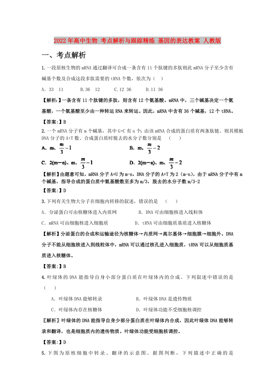 2022年高中生物 考点解析与跟踪精练 基因的表达教案 人教版_第1页