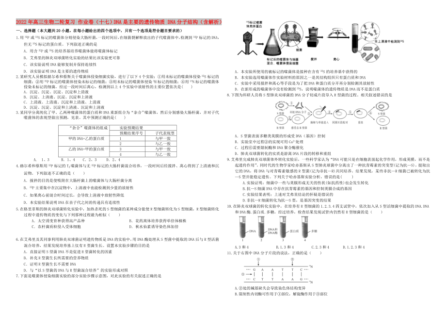 2022年高三生物二輪復(fù)習(xí) 作業(yè)卷（十七）DNA是主要的遺傳物質(zhì) DNA分子結(jié)構(gòu)（含解析）_第1頁(yè)