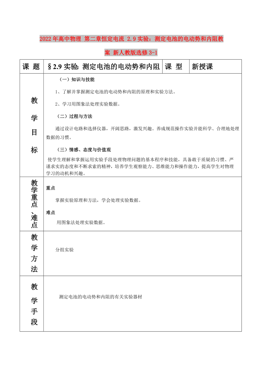 2022年高中物理 第二章恒定电流 2.9实验：测定电池的电动势和内阻教案 新人教版选修3-1_第1页