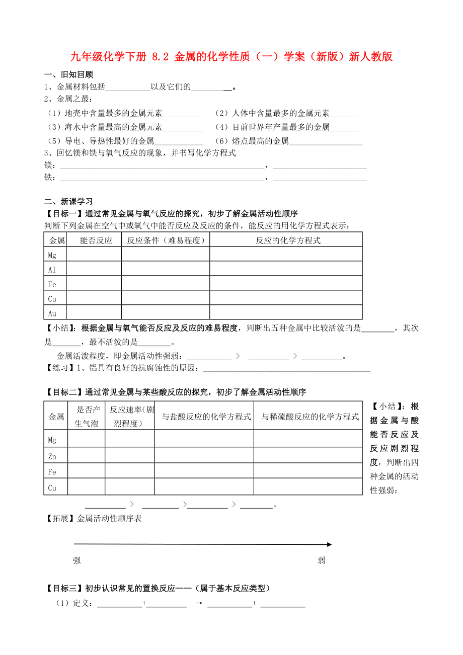 九年级化学下册 8.2 金属的化学性质（一）学案（新版）新人教版_第1页