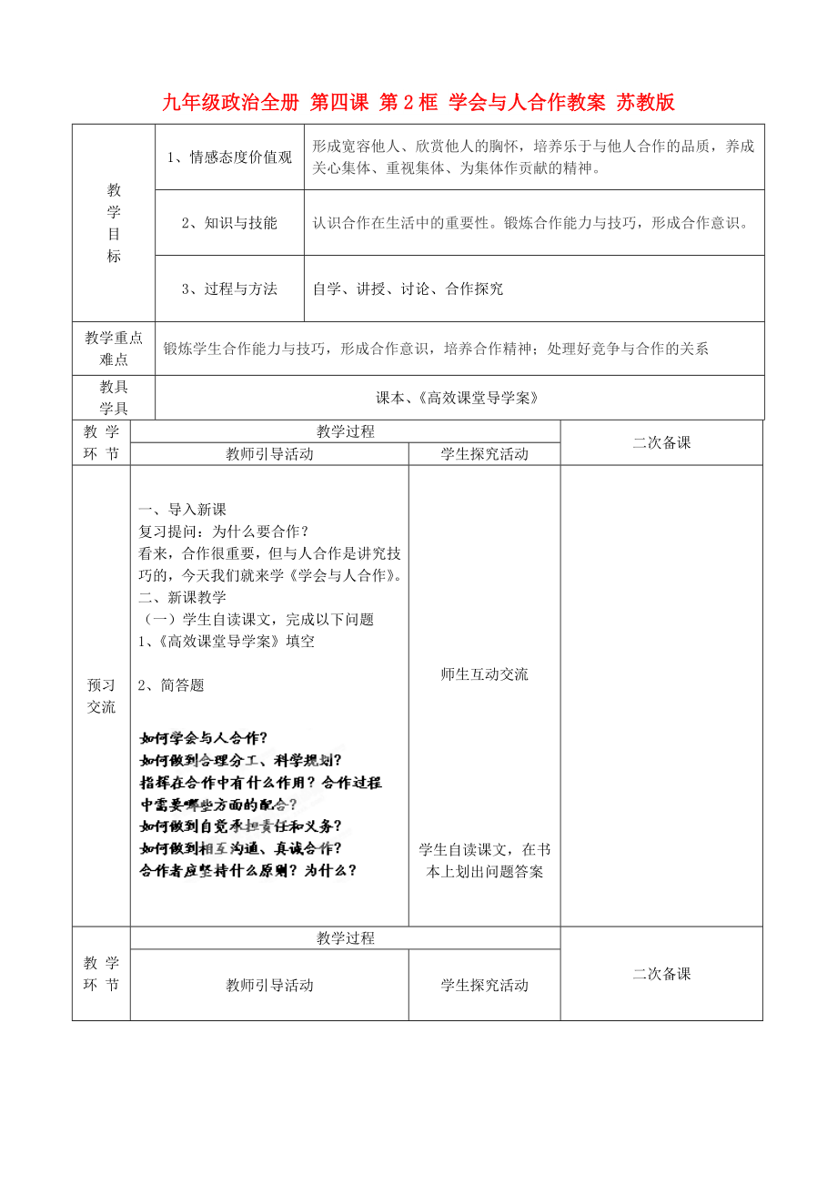 九年級(jí)政治全冊(cè) 第四課 第2框 學(xué)會(huì)與人合作教案 蘇教版_第1頁(yè)