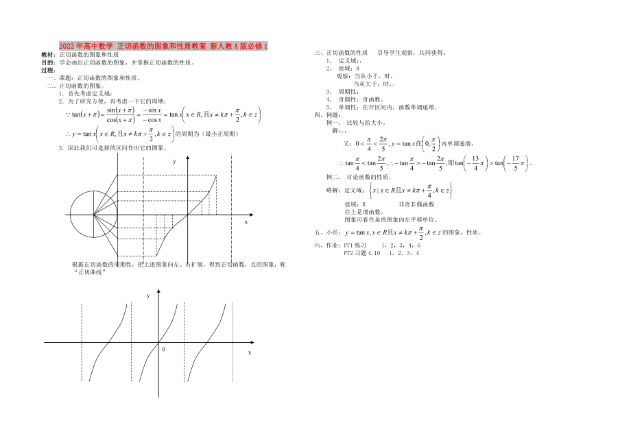 2022年高中數(shù)學(xué) 正切函數(shù)的圖象和性質(zhì)教案 新人教A版必修1_第1頁(yè)