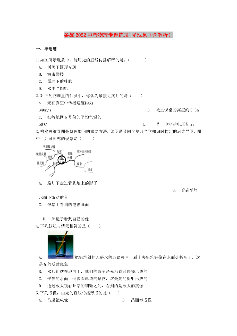 備戰(zhàn)2022中考物理專題練習 光現(xiàn)象（含解析）_第1頁