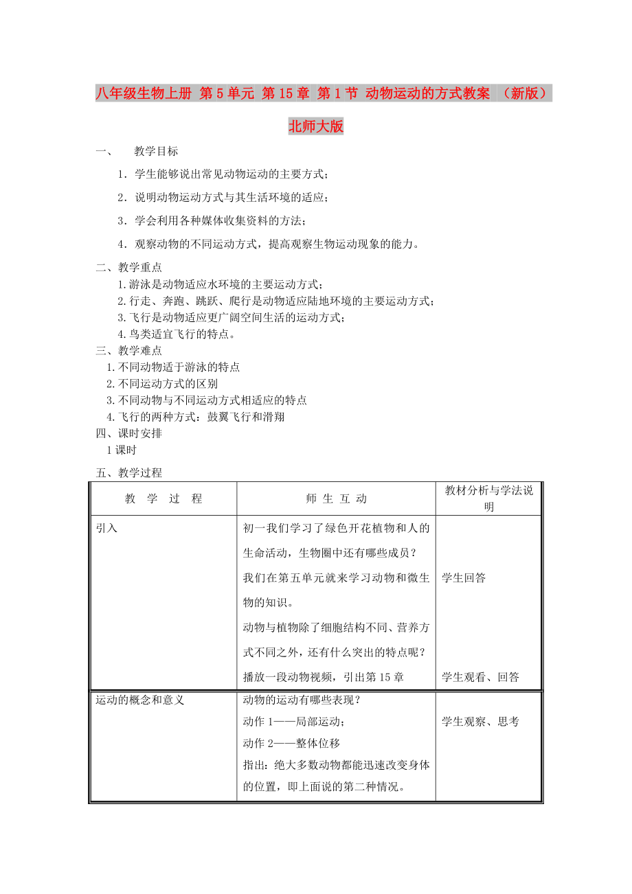 八年級(jí)生物上冊(cè) 第5單元 第15章 第1節(jié) 動(dòng)物運(yùn)動(dòng)的方式教案 （新版）北師大版_第1頁(yè)