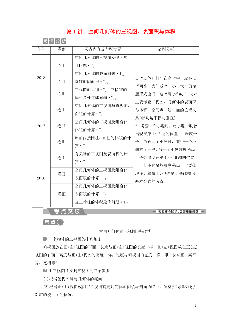 2019屆高考數(shù)學二輪復習 第二部分 突破熱點 分層教學 專項二 專題四 1 第1講 空間幾何體的三視圖、表面積與體積學案_第1頁