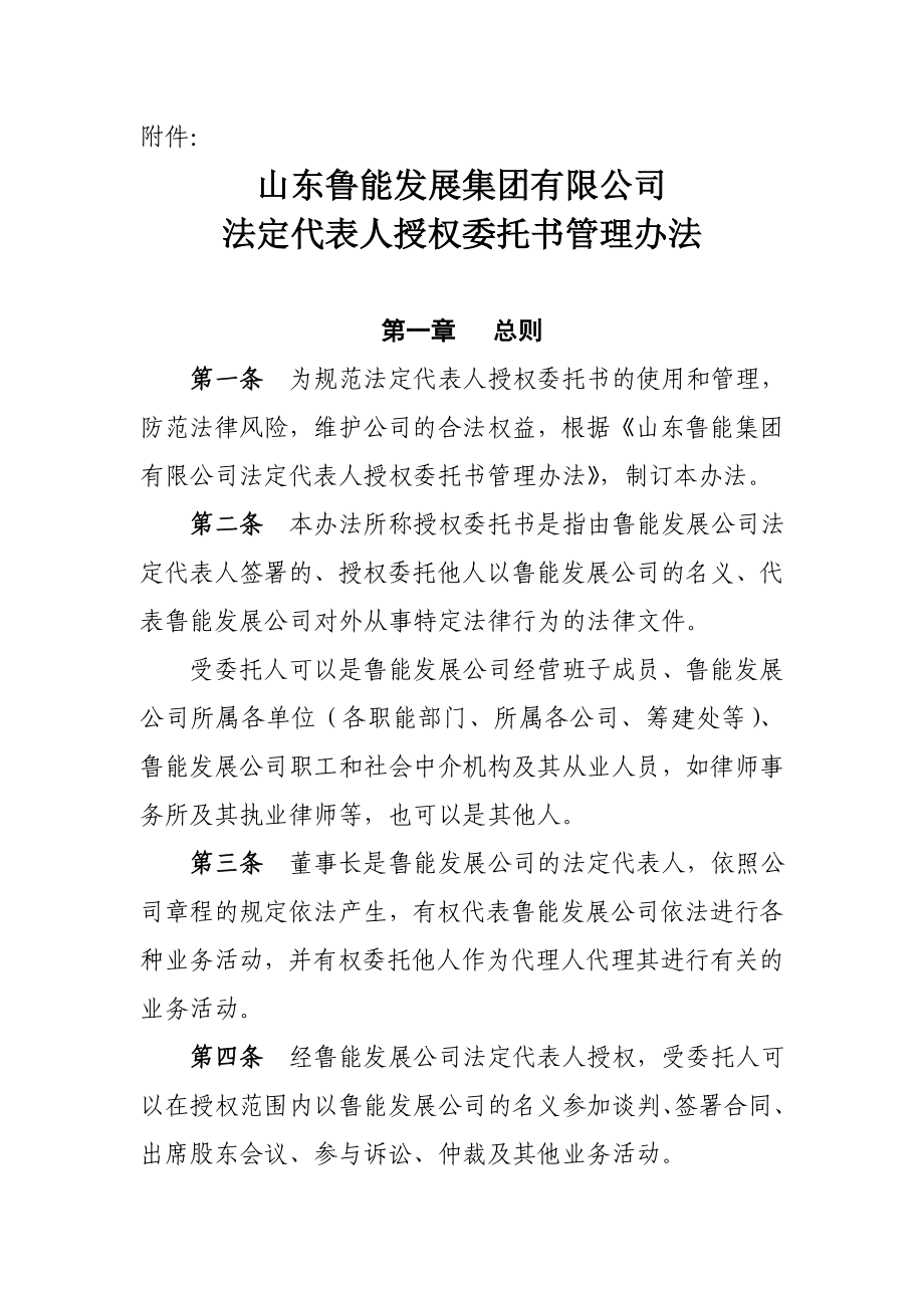 山东鲁能发展集团有限公司法定代表人授权委托书管理办法_第1页