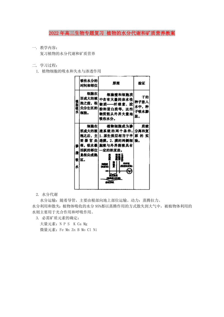 2022年高三生物专题复习 植物的水分代谢和矿质营养教案_第1页